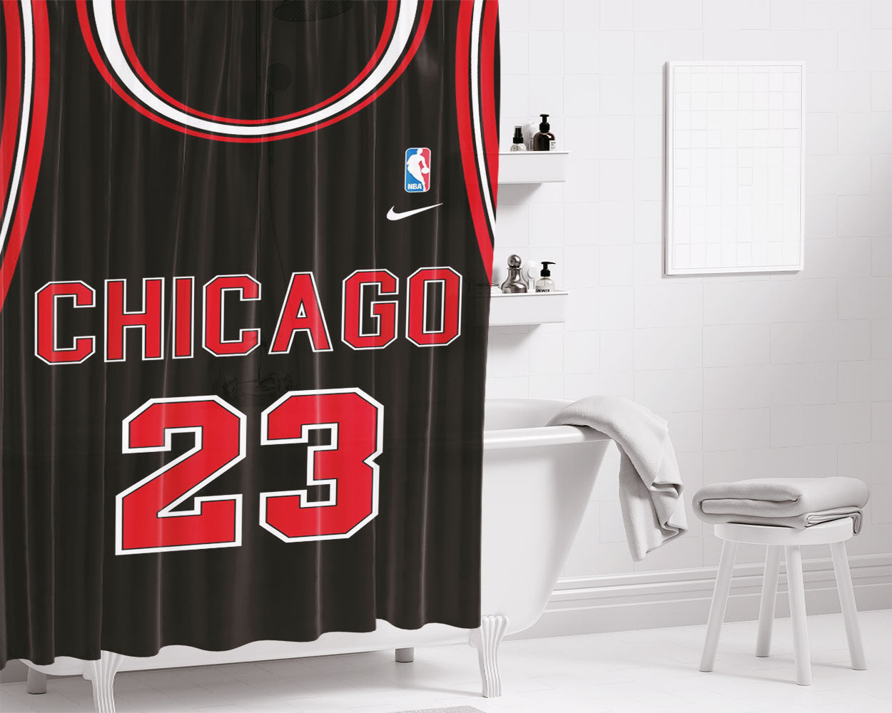 Chicago Bulls Jersey Red Wallpaper Bathroom Shower Curtain Fabric Waterproof | 66 X 72 Inch