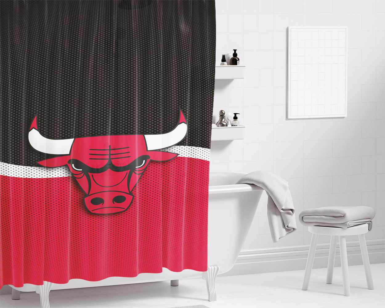 Chicago Bulls Logo Red Bla Bathroom Shower Curtain Fabric Waterproof | 66 X 72 Inch