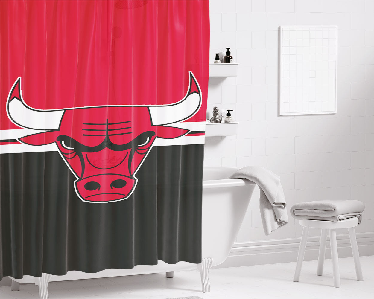 Chicago Bulls Logo Red Black Fiber Texture Bathroom Shower Curtain Fabric Waterproof | 66 X 72 Inch