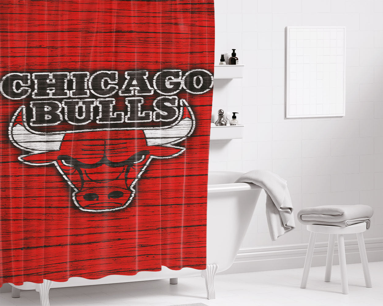 Chicago Bulls Logo Red Black Bathroom Shower Curtain Fabric Waterproof | 66 X 72 Inch