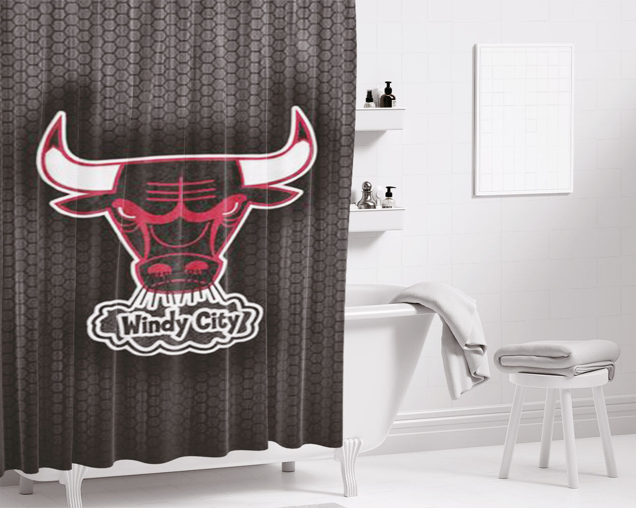 Chicago Bulls Logo See Red Bathroom Shower Curtain Fabric Waterproof | 66 X 72 Inch