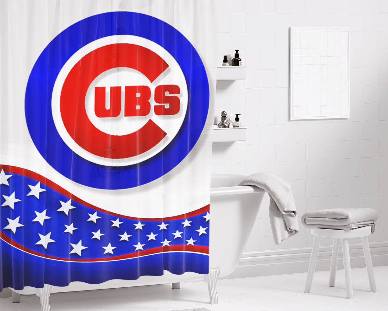 Chicago Cubs American Flag Pattern Bathroom Shower Curtain Fabric Waterproof | 66 X 72 Inch