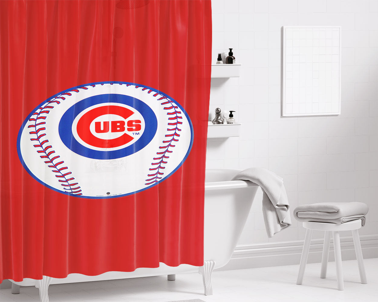 Chicago Cubs Baseball Logo Dark Wood Wallpaper Bathroom Shower Curtain Fabric Waterproof | 66 X 72 Inch