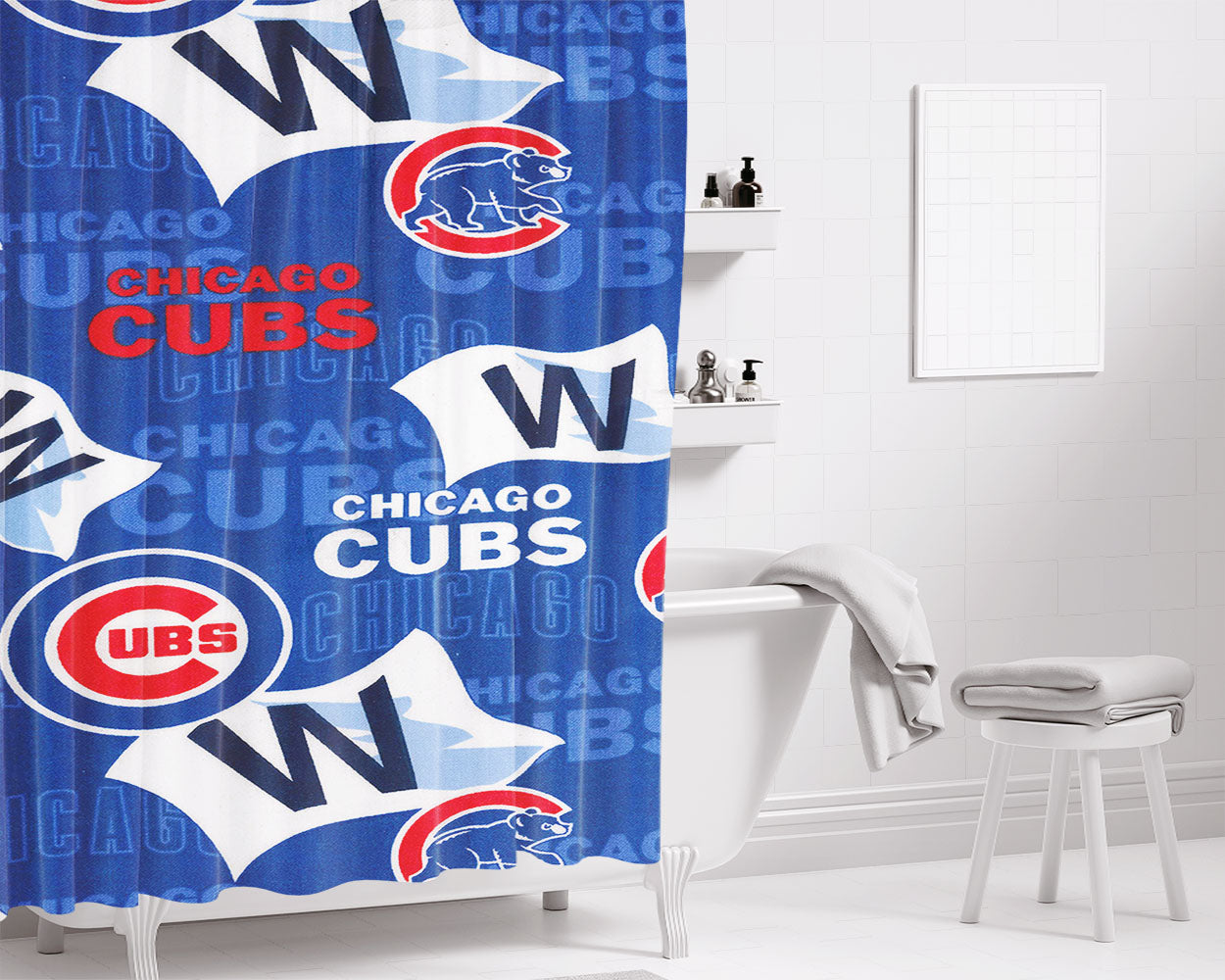 Chicago Cubs Mlb Logo Dark Wood Wallpaper Bathroom Shower Curtain Fabric Waterproof | 66 X 72 Inch
