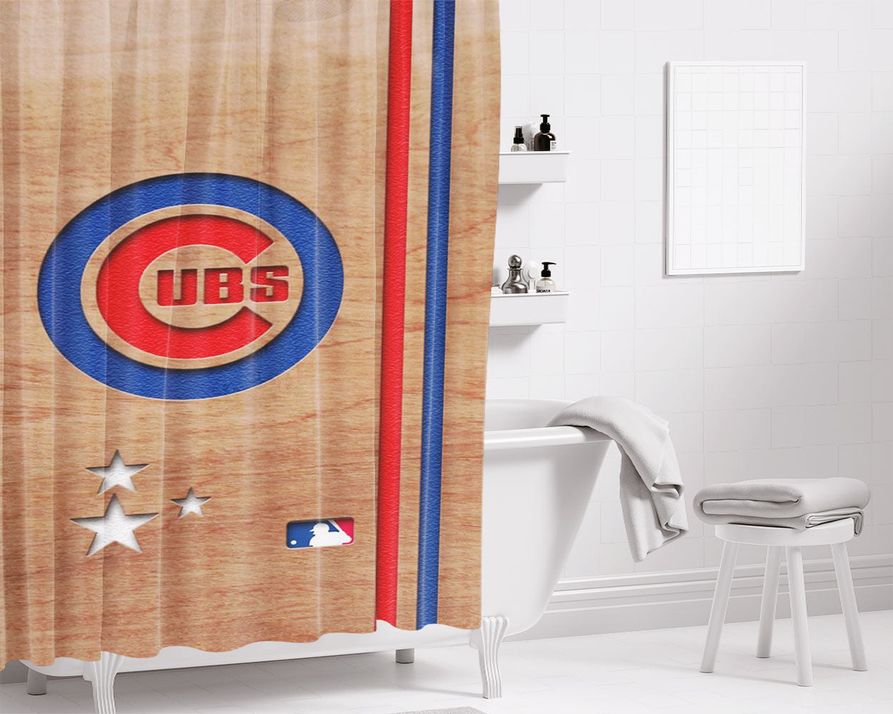Chicago Cubs Woodcut Bathroom Shower Curtain Fabric Waterproof | 66 X 72 Inch