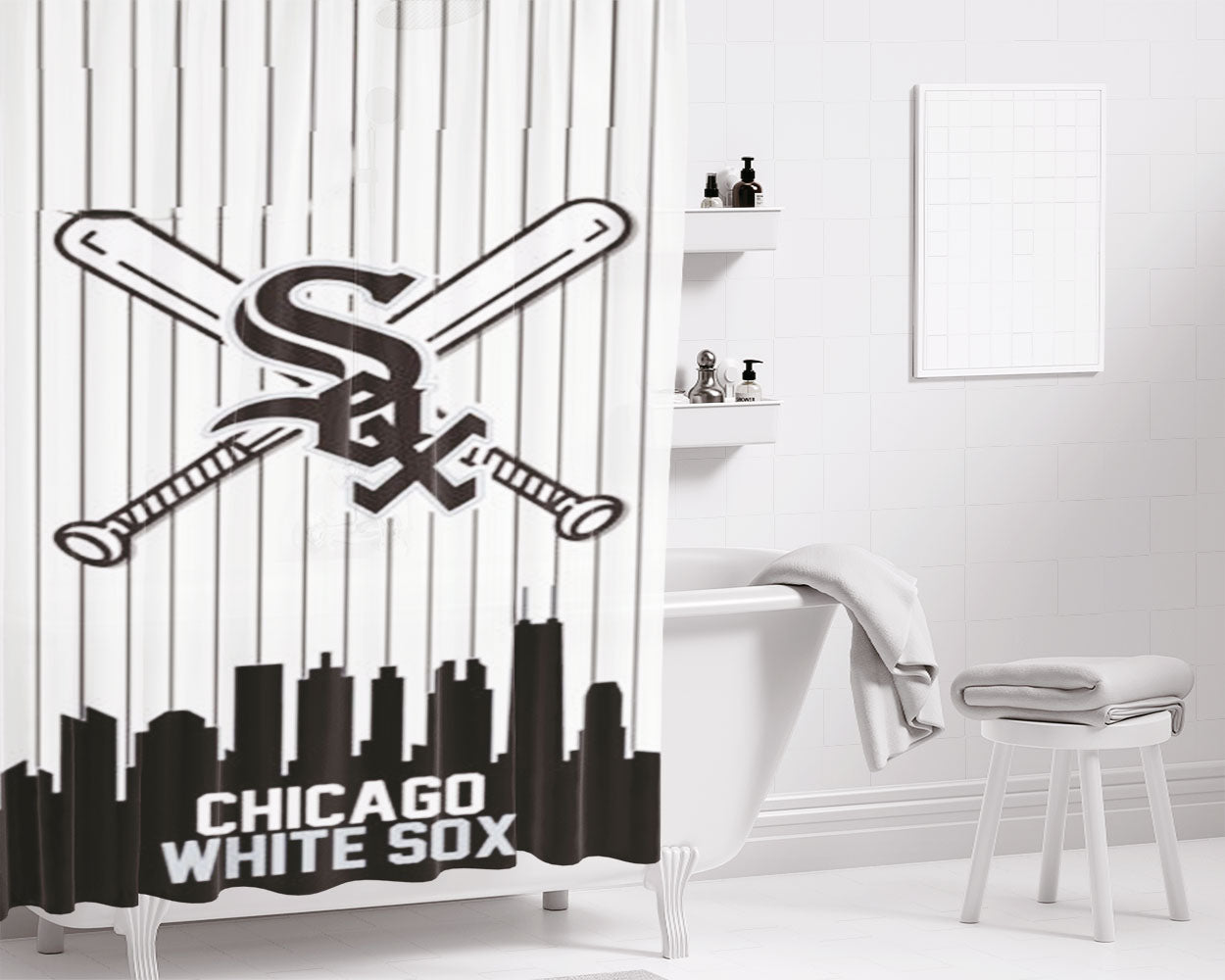 Chicago White Sox Baseball Black White Bathroom Shower Curtain Fabric Waterproof | 66 X 72 Inch
