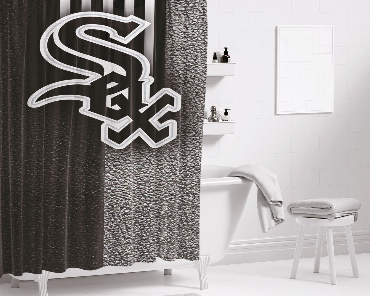 Chicago White Sox Black White Pattern Bathroom Shower Curtain Fabric Waterproof | 66 X 72 Inch