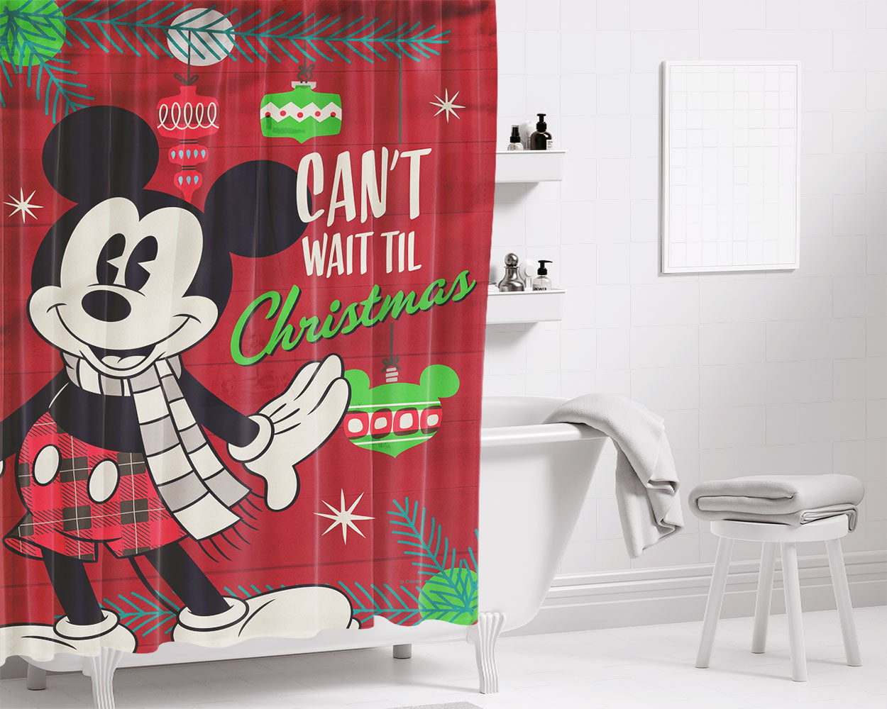 Disney Be Merry Santa Mickey Bathroom Shower Curtain Fabric Waterproof | 66 X 72 Inch