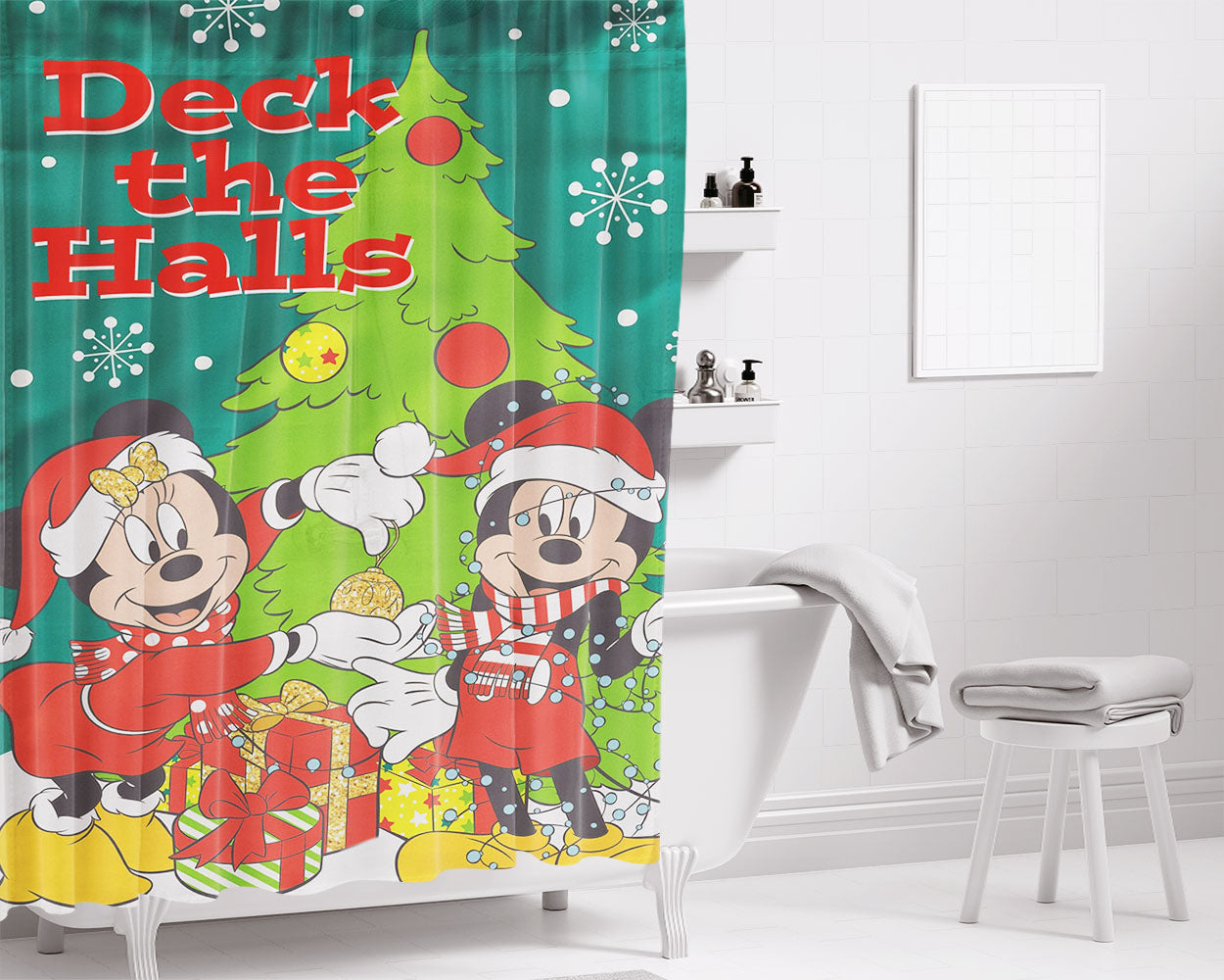 Disney Mickey And Minnie Christmas Light Tangle Bathroom Shower Curtain Fabric Waterproof | 66 X 72 Inch