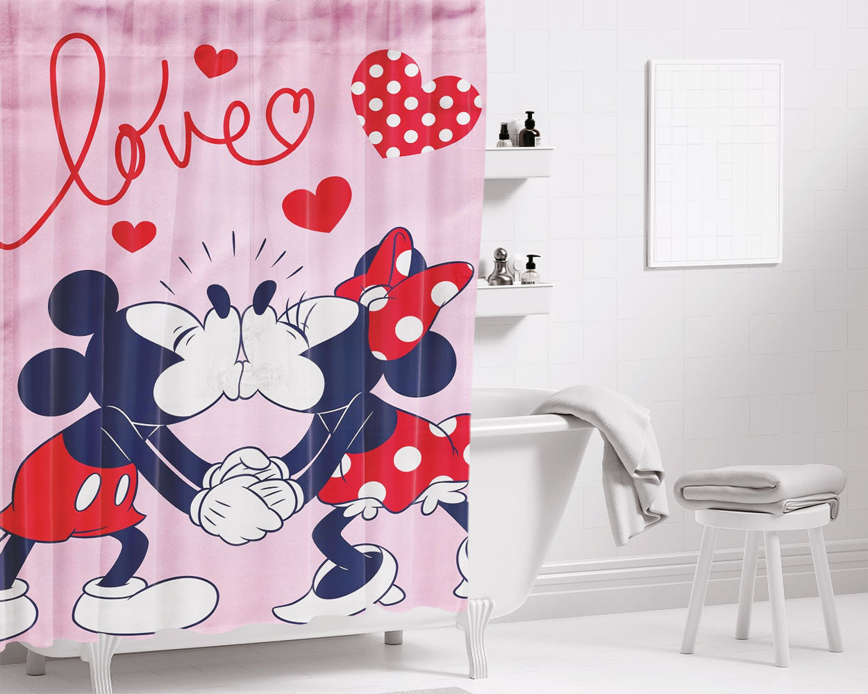 Disney Mickey And Minnie Deck The Halls Bathroom Shower Curtain Fabric Waterproof | 66 X 72 Inch
