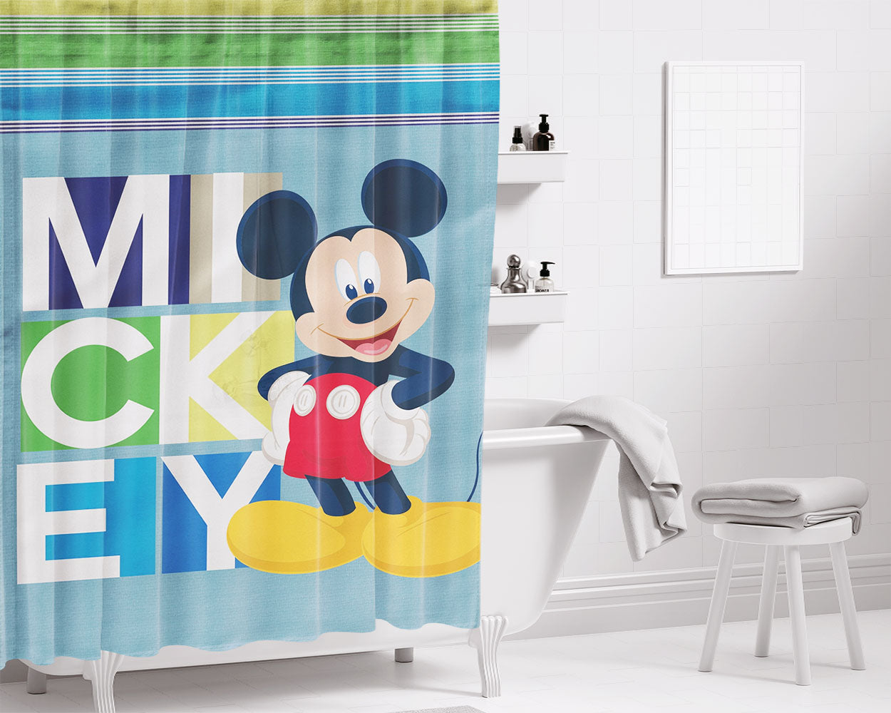 Disney Mickey And Minnie Usa Welcome Bathroom Shower Curtain Fabric Waterproof | 66 X 72 Inch