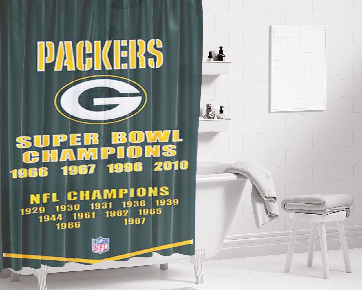 Green Bay Packers Brushed Chrome Bathroom Shower Curtain Fabric Waterproof | 66 X 72 Inch