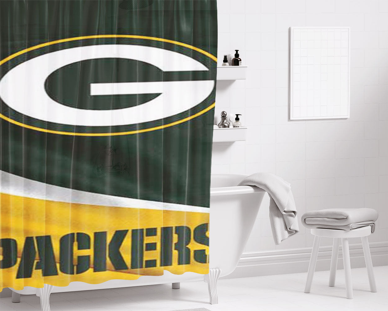 Green Bay Packers Christmas Sweater Bathroom Shower Curtain Fabric Waterproof | 66 X 72 Inch