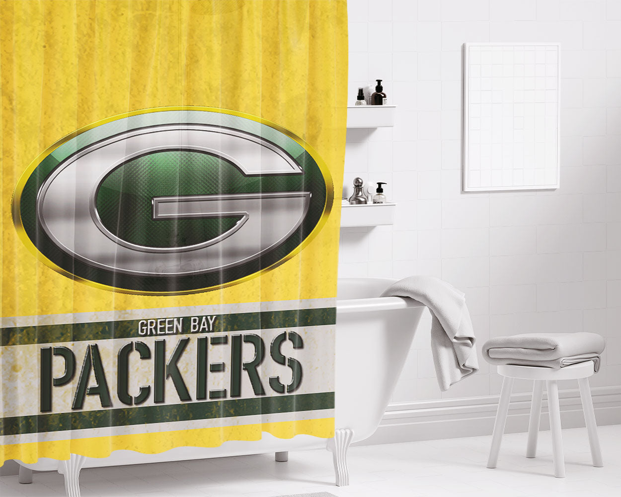 Green Bay Packers Emblem Logo States Map Art Wallpaper Bathroom Shower Curtain Fabric Waterproof | 66 X 72 Inch