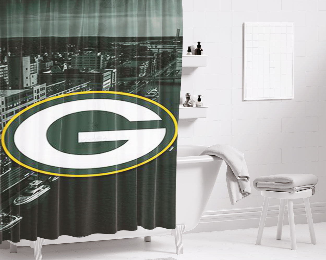 Green Bay Packers Emblem Logo Yellow Wallpaper Bathroom Shower Curtain Fabric Waterproof | 66 X 72 Inch