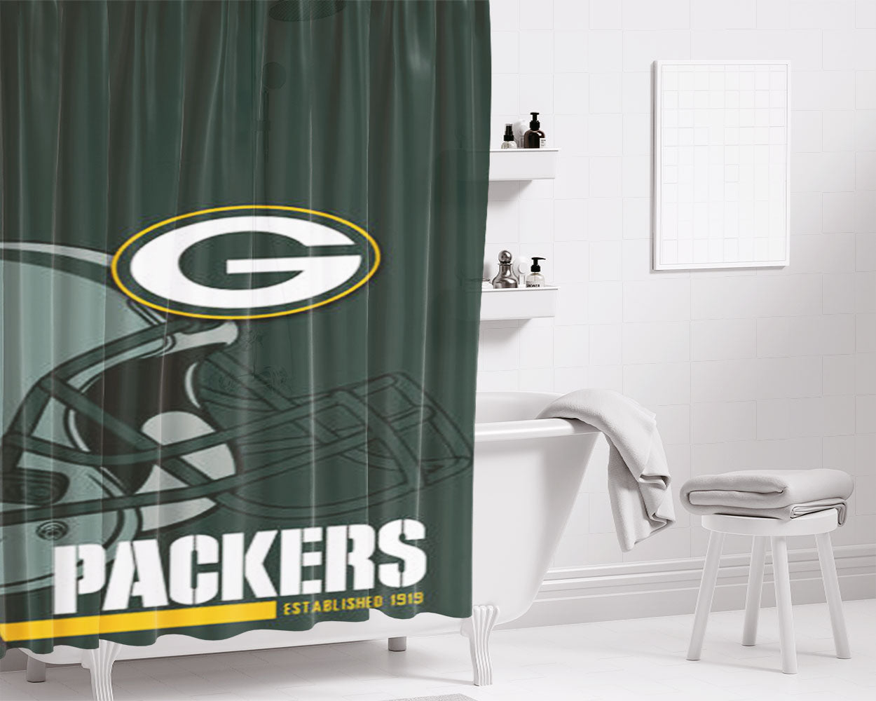 Green Bay Packers Line Bathroom Shower Curtain Fabric Waterproof | 66 X 72 Inch