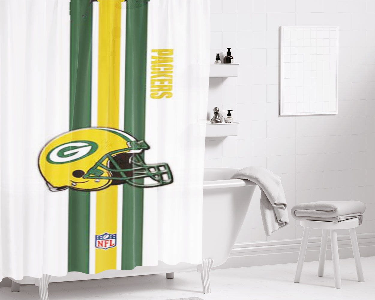 Green Bay Packers Logos On Yellow Bathroom Shower Curtain Fabric Waterproof | 66 X 72 Inch