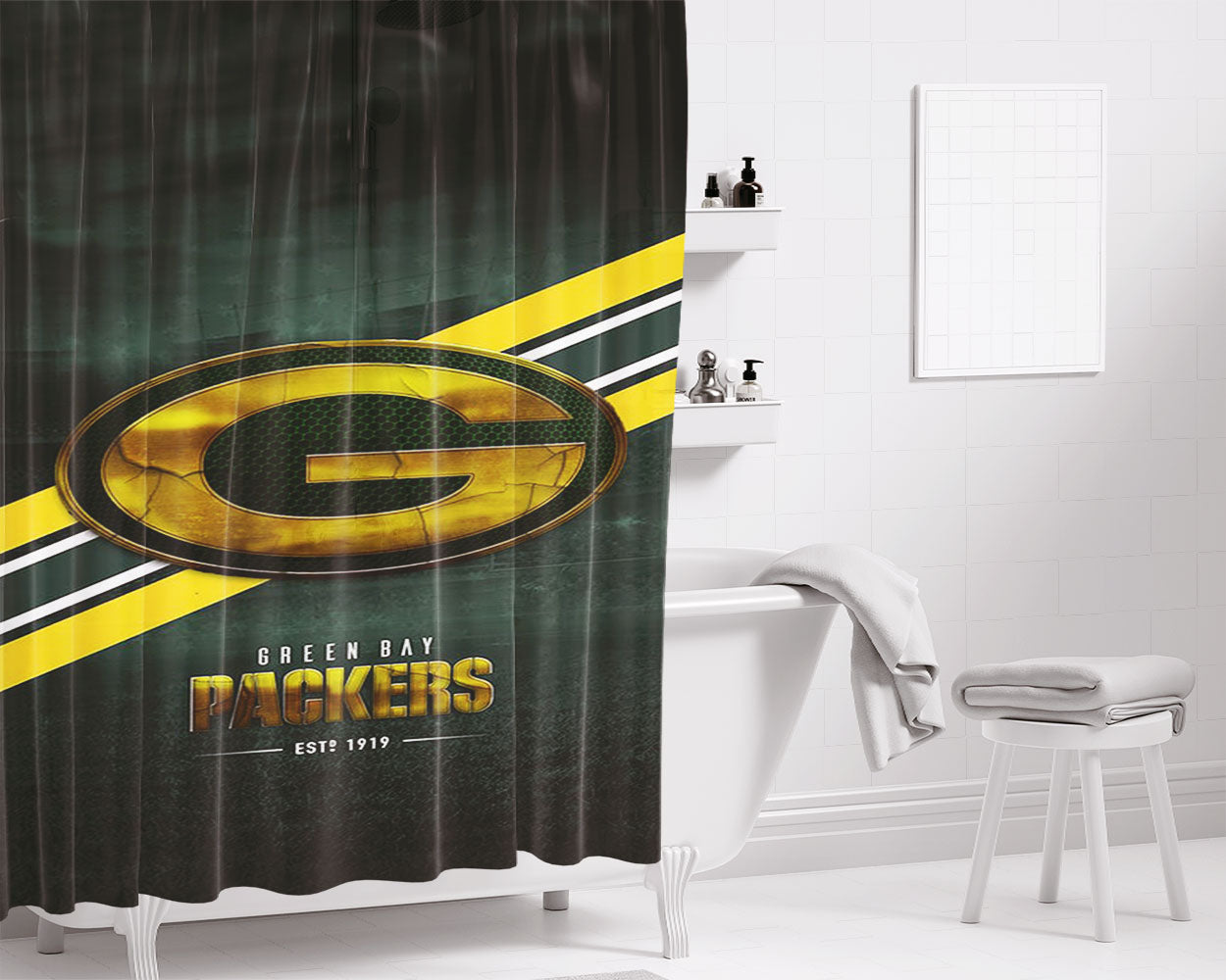 Green Bay Packers Nfl Go Pack Bathroom Shower Curtain Fabric Waterproof | 66 X 72 Inch