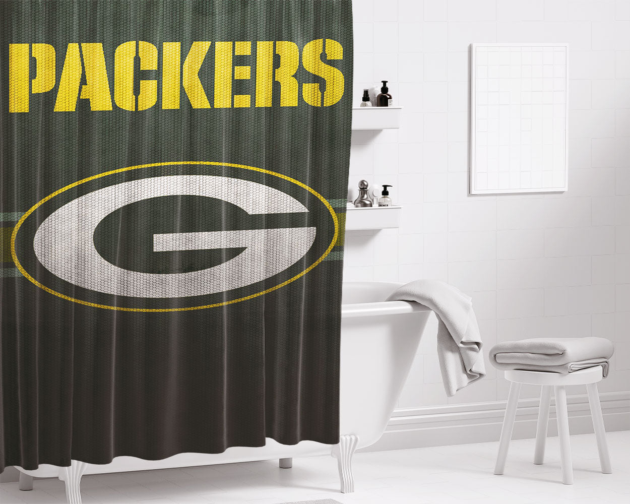 Green Bay Packers Nfl Logo Dark Wood Wallpaper Bathroom Shower Curtain Fabric Waterproof | 66 X 72 Inch