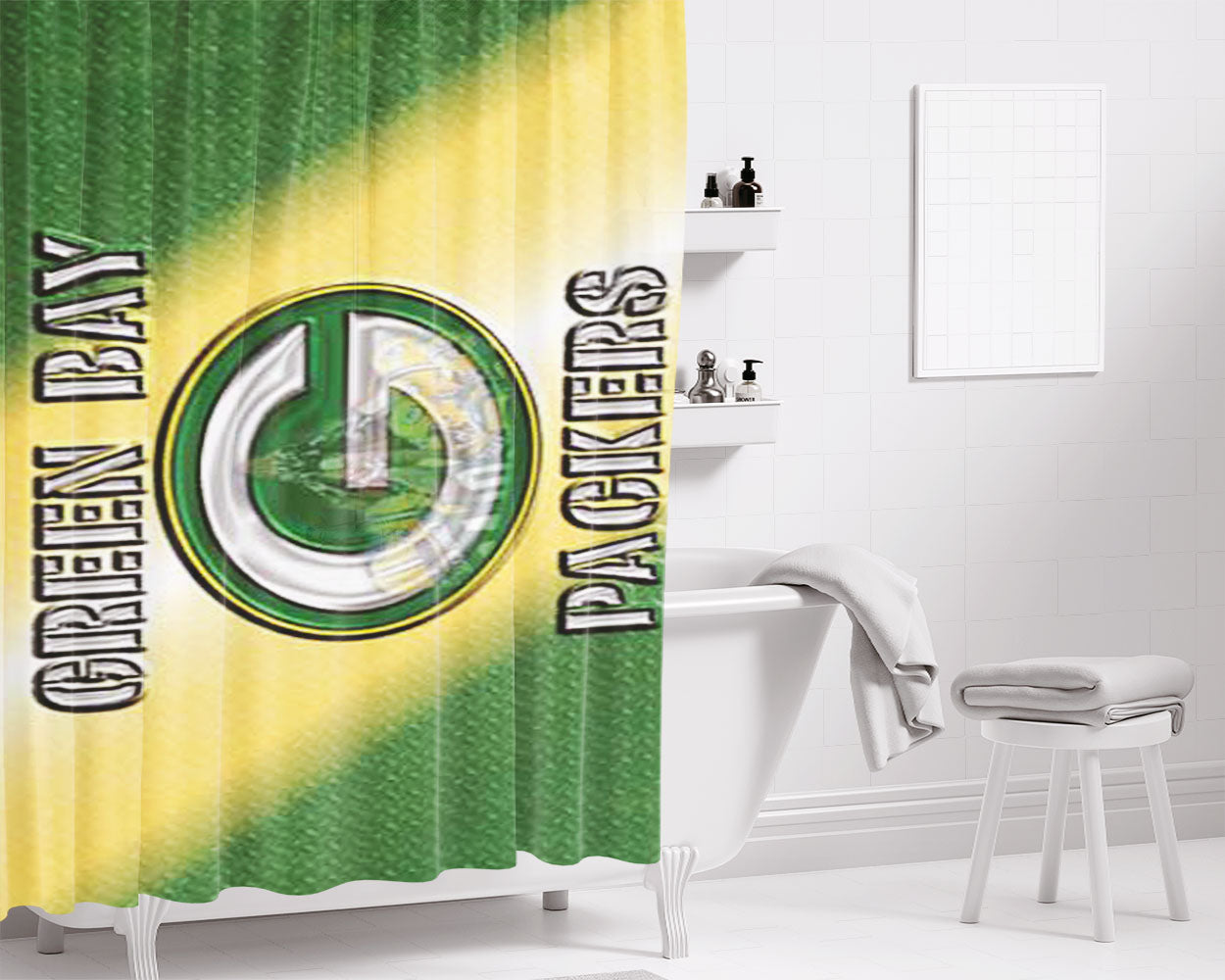 Green Bay Packers Raised Letters Bathroom Shower Curtain Fabric Waterproof | 66 X 72 Inch