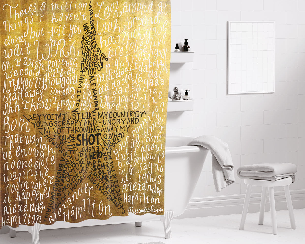 Hamilton The Musical Golden Bathroom Shower Curtain Fabric Waterproof | 66 X 72 Inch