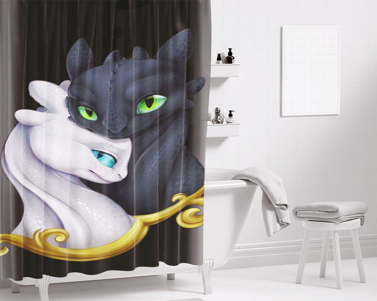 How To Train Your Dragon Homecoming Hiccup Astrid Toothless Bathroom Shower Curtain Fabric Waterproof | 66 X 72 Inch