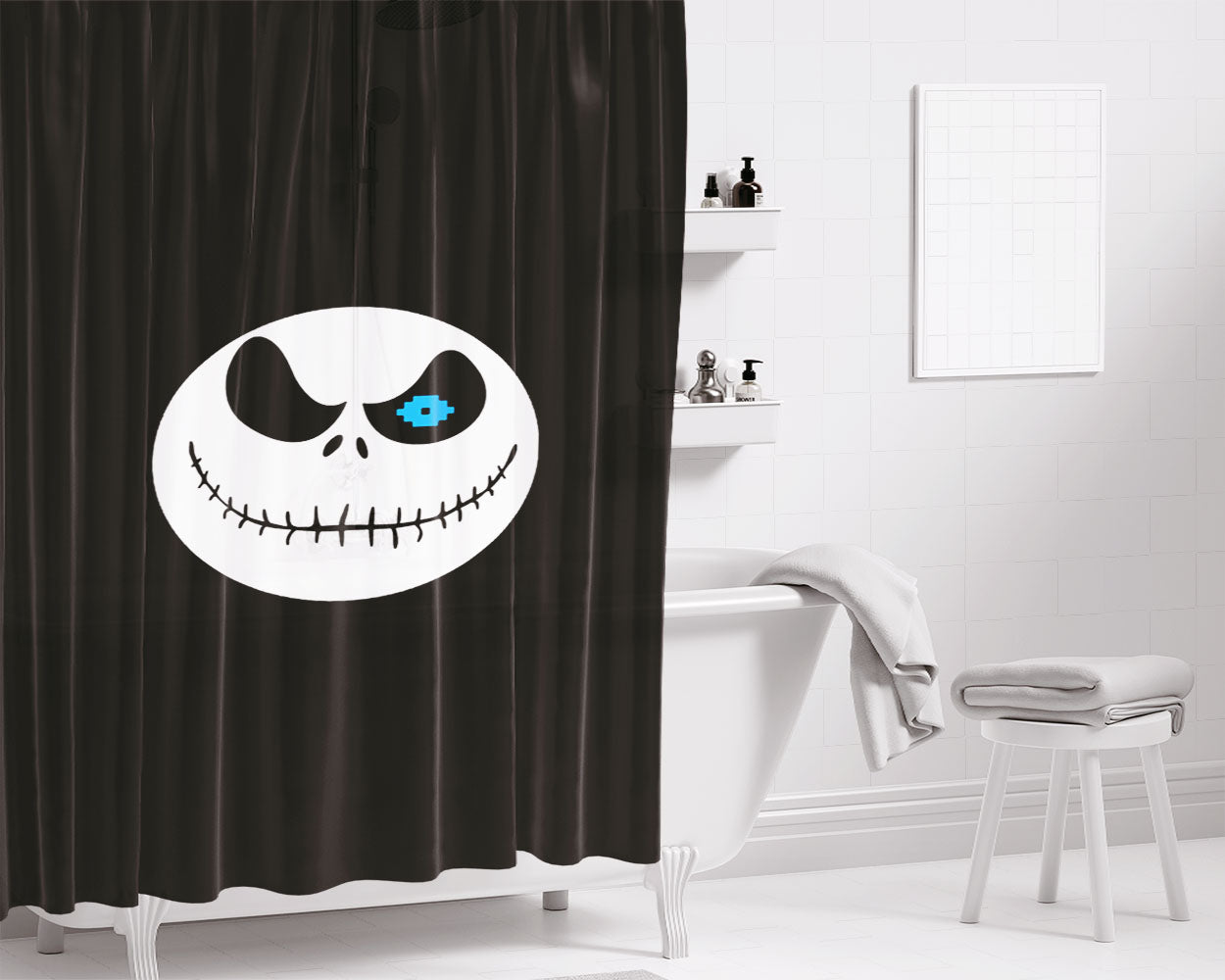 Jack And Sally Stained Glass Mosaic Art Bathroom Shower Curtain Fabric Waterproof | 66 X 72 Inch