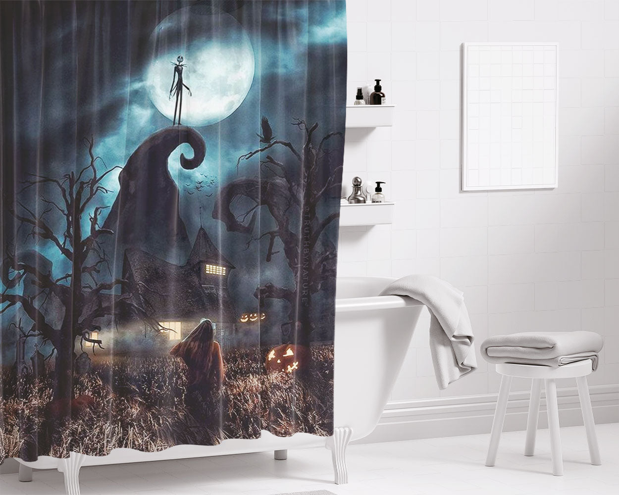 Jack Sansington Skellinsans On Black Bathroom Shower Curtain Fabric Waterproof | 66 X 72 Inch