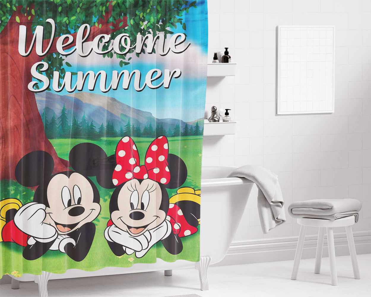 Mickey And Minnie Mouse Kissing Bathroom Shower Curtain Fabric Waterproof | 66 X 72 Inch
