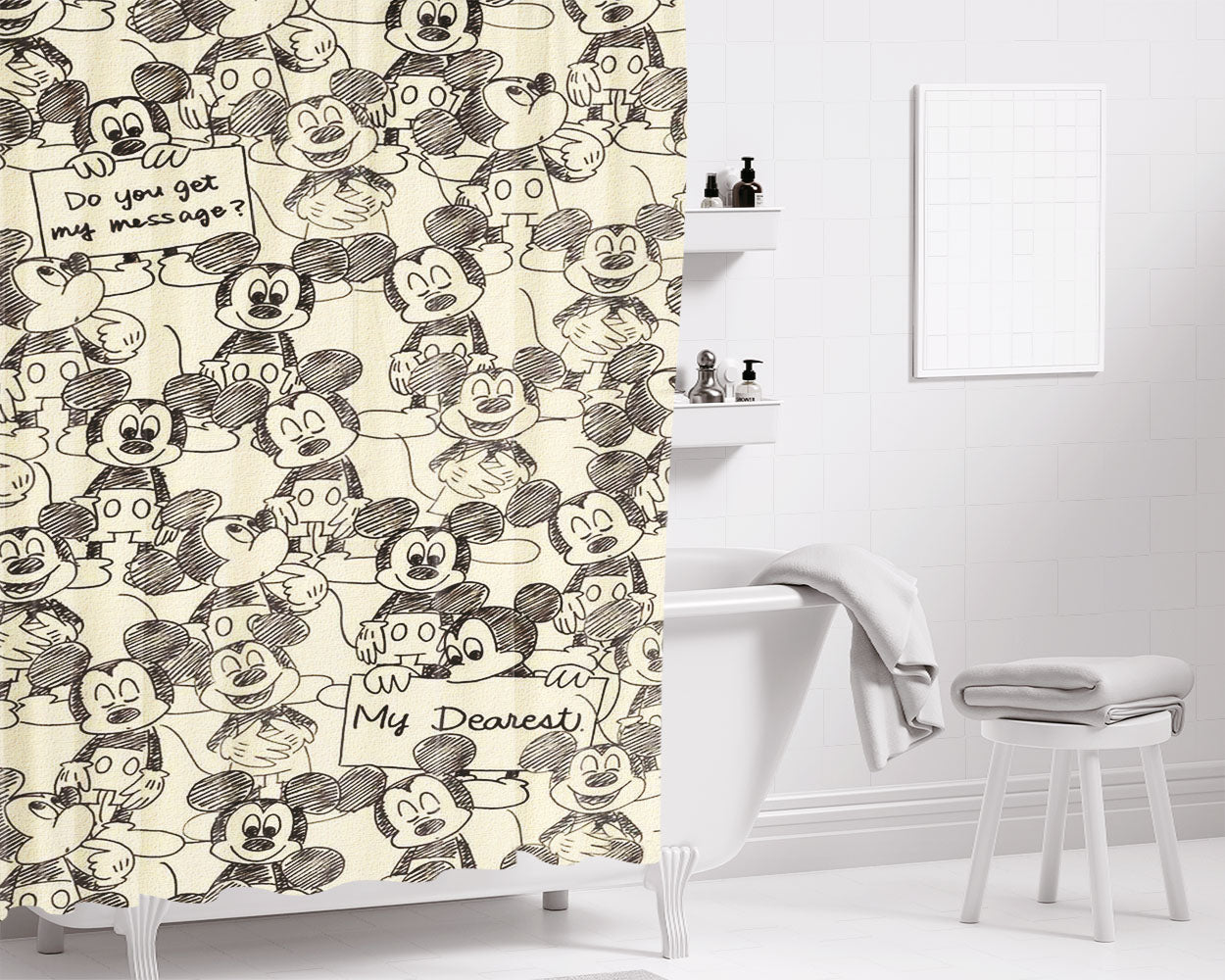 Mickey Mouse Obey Pattern Bathroom Shower Curtain Fabric Waterproof | 66 X 72 Inch