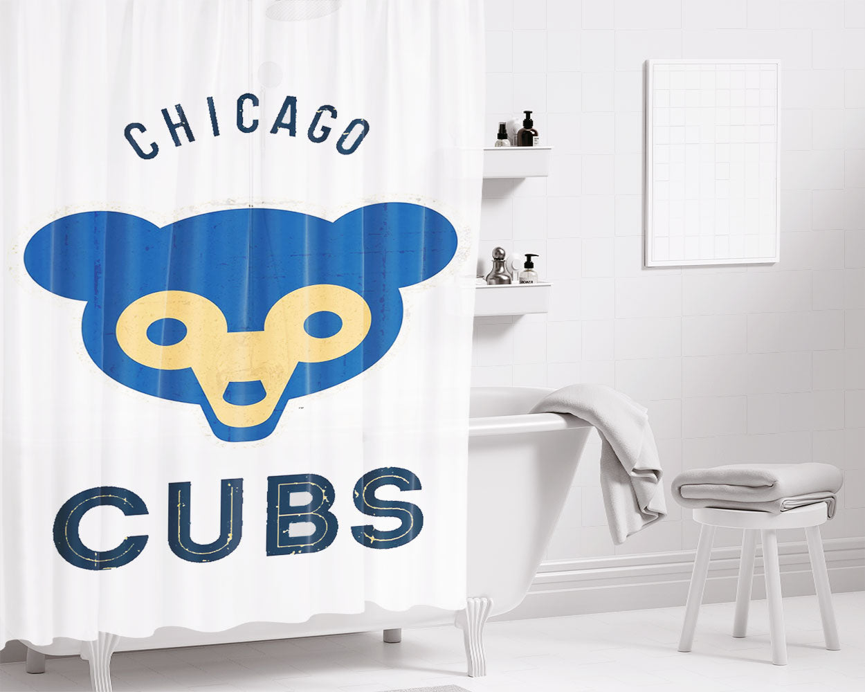Old Chicago Cubs Bear Mlb Logo Dark Wood Bathroom Shower Curtain Fabric Waterproof | 66 X 72 Inch