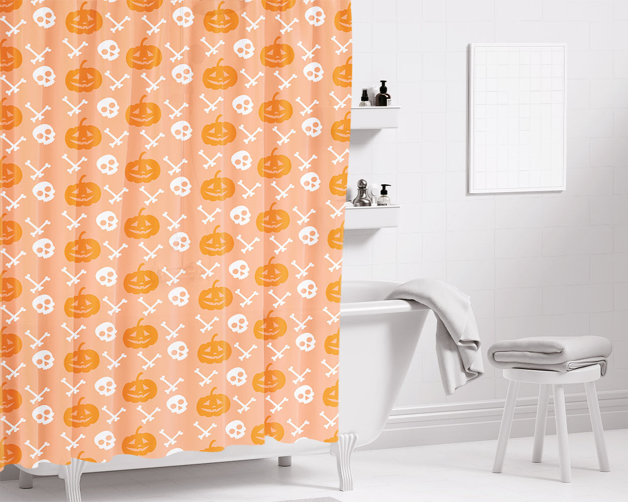 Peach Ghosts Pattern Halloween Bathroom Shower Curtain Fabric Waterproof | 66 X 72 Inch