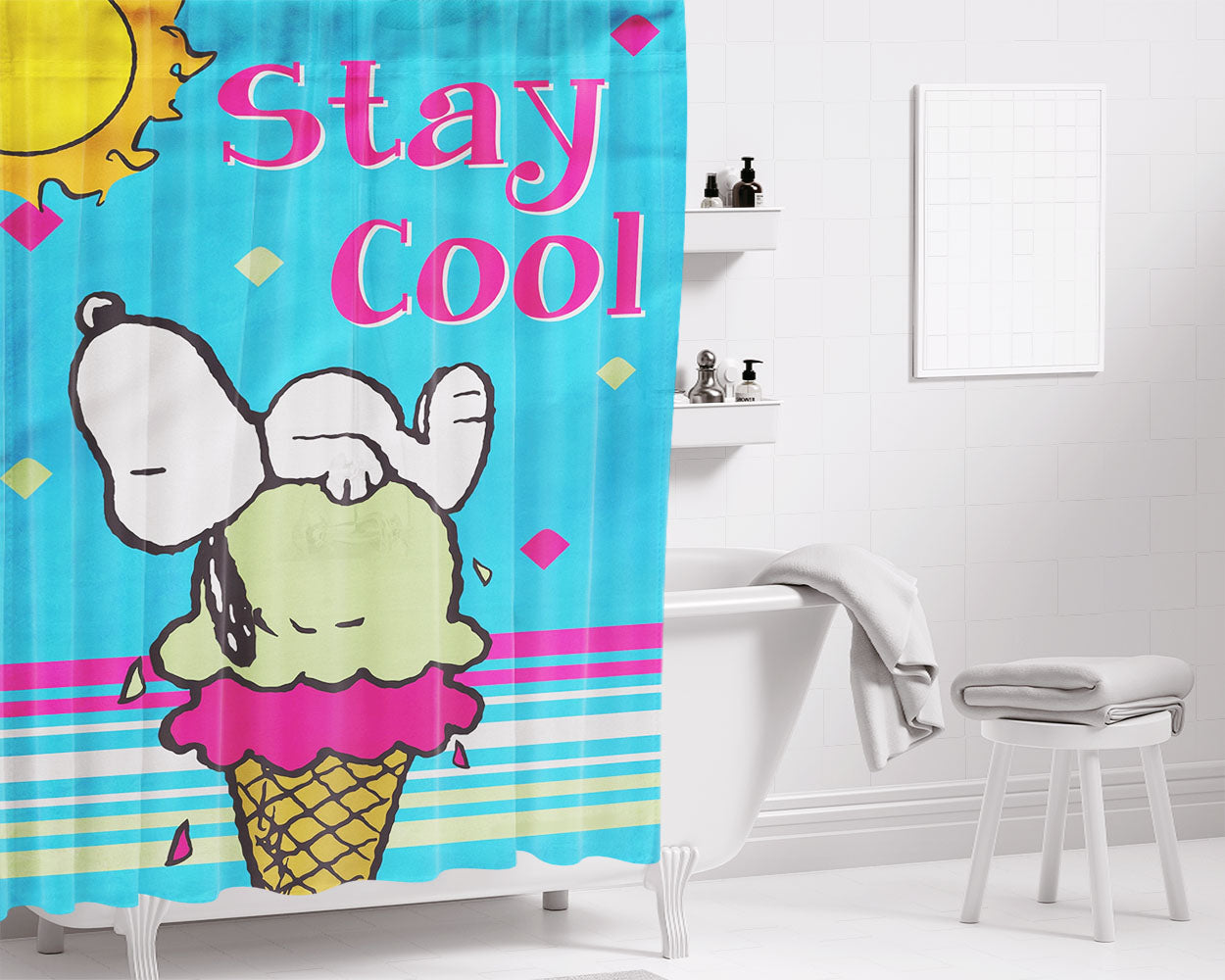 Peanuts Doghouse Of Flowers Snoopy & Woodstock Bathroom Shower Curtain Fabric Waterproof | 66 X 72 Inch