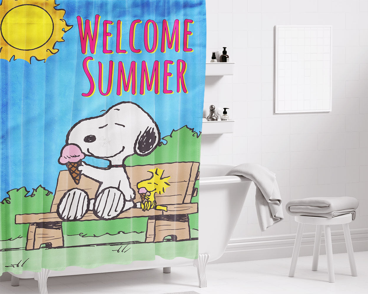 Peanuts Welcome Home Bathroom Shower Curtain Fabric Waterproof | 66 X 72 Inch