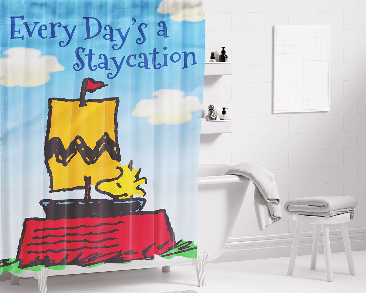 Peanuts Welcome Summer Snoopy & Woodstock Bathroom Shower Curtain Fabric Waterproof | 66 X 72 Inch