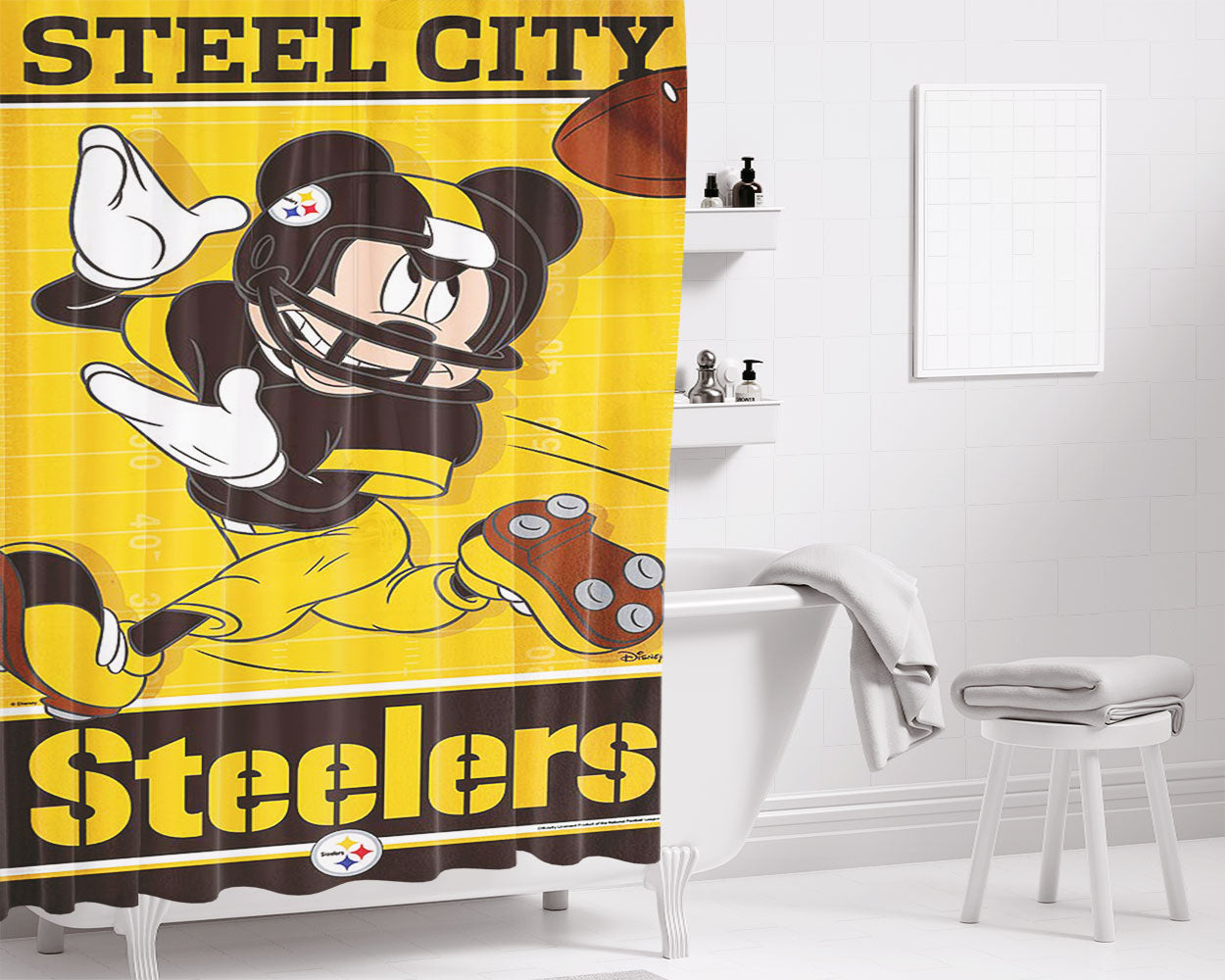Pittsburgh Steelers Disney Mickey Mouse Nfl Bathroom Shower Curtain Fabric Waterproof | 66 X 72 Inch