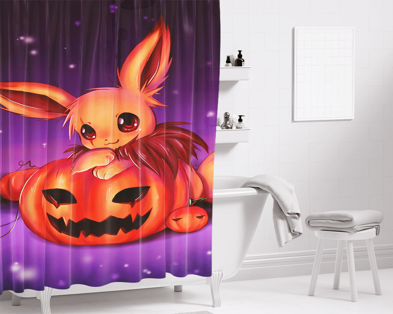 Pokemon Lucario Night Silhouette Bathroom Shower Curtain Fabric Waterproof | 66 X 72 Inch