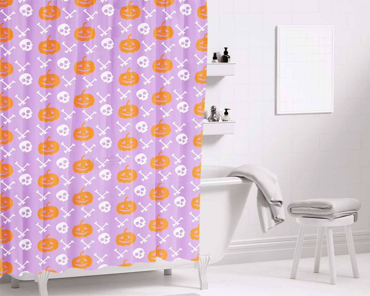 Purple Pattern Halloween Ghost Skeleton Bathroom Shower Curtain Fabric Waterproof | 66 X 72 Inch