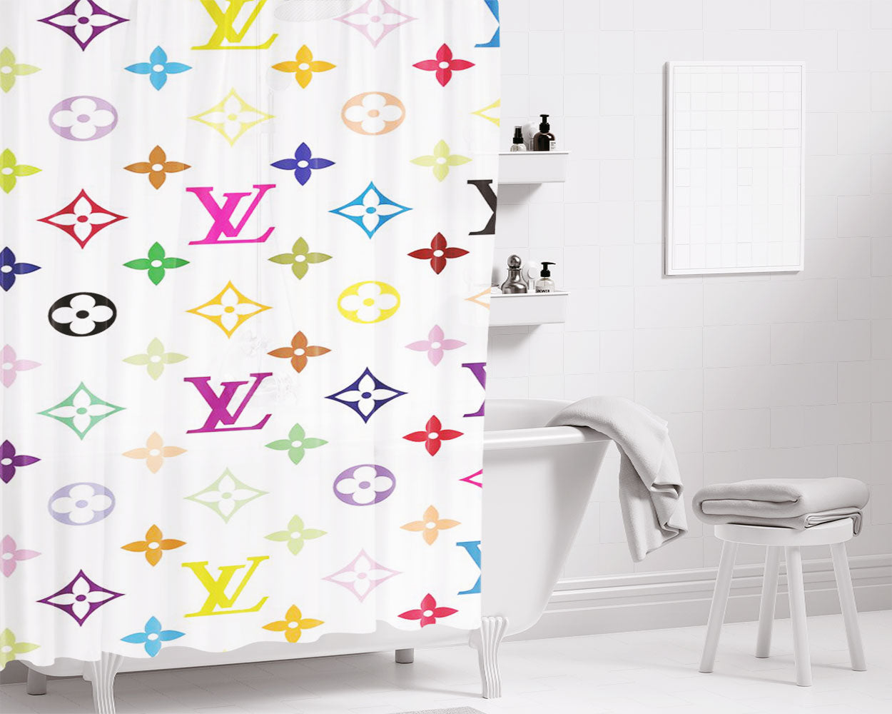 Pusheen Rainbow Pattern Bathroom Shower Curtain Fabric Waterproof | 66 X 72 Inch