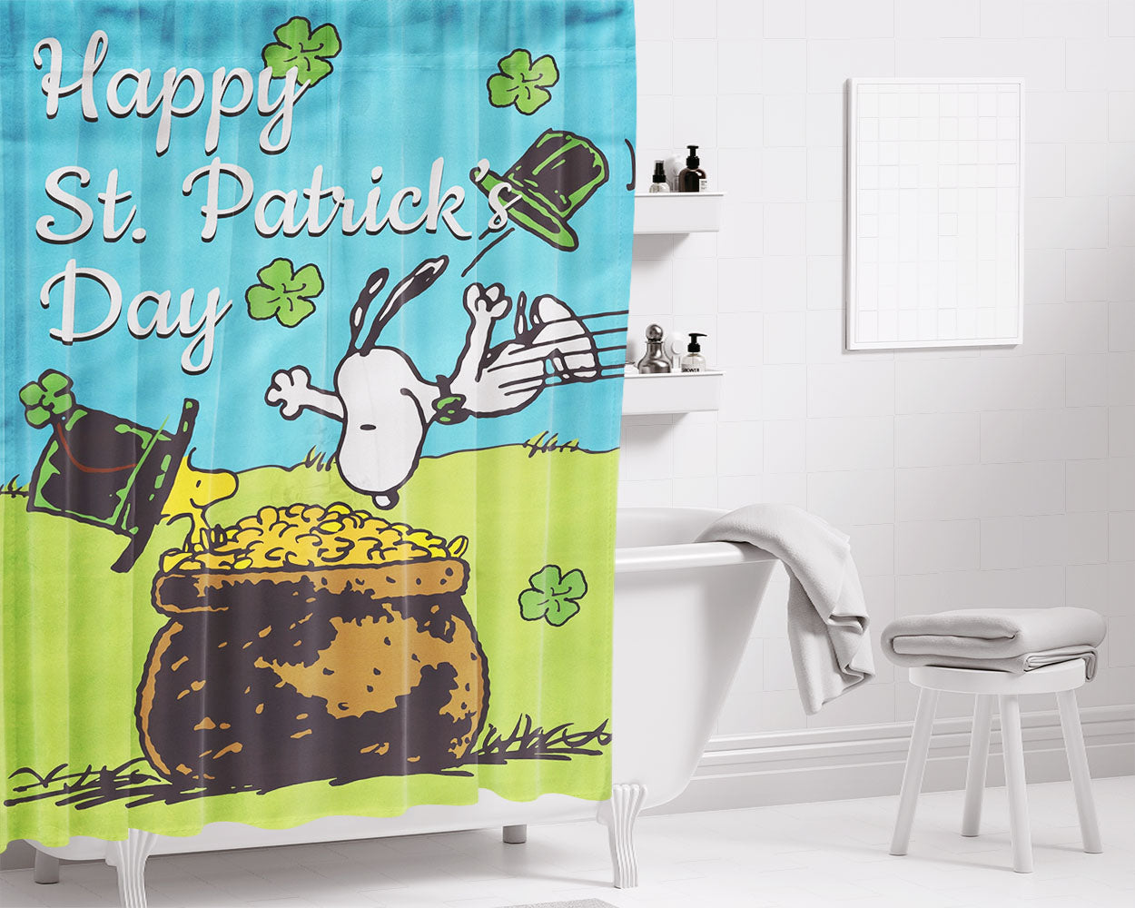 Snoopy And Woodstock St Patricks Day Pot Of Gold Bathroom Shower Curtain Fabric Waterproof | 66 X 72 Inch