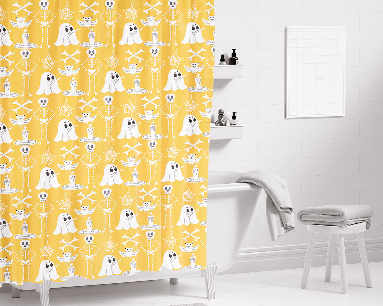 Yellow Halloween Pattern Bathroom Shower Curtain Fabric Waterproof | 66 X 72 Inch