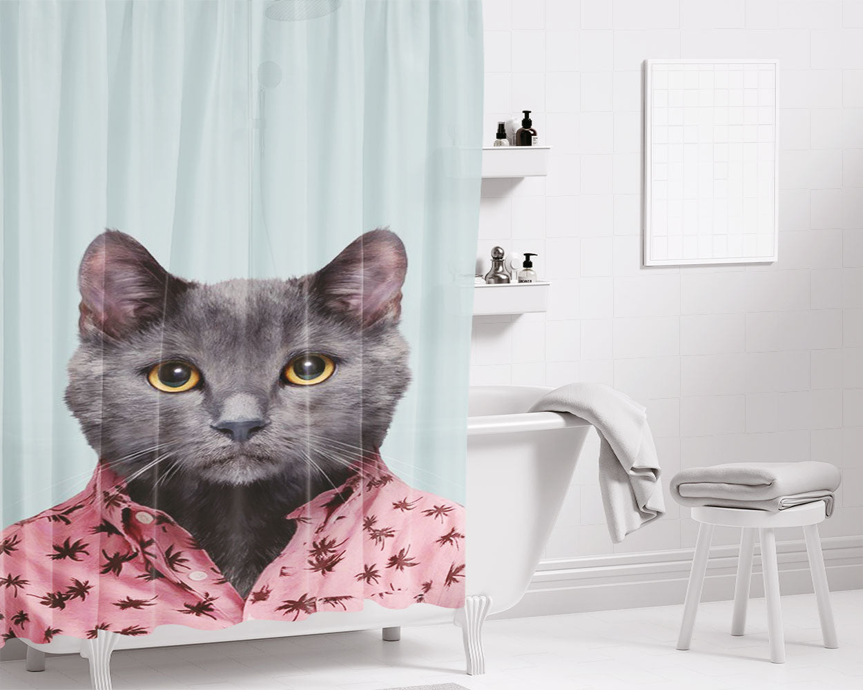 Chartreux Cat Felis Catus Bathroom Shower Curtain Fabric Waterproof | 66 X 72 Inch