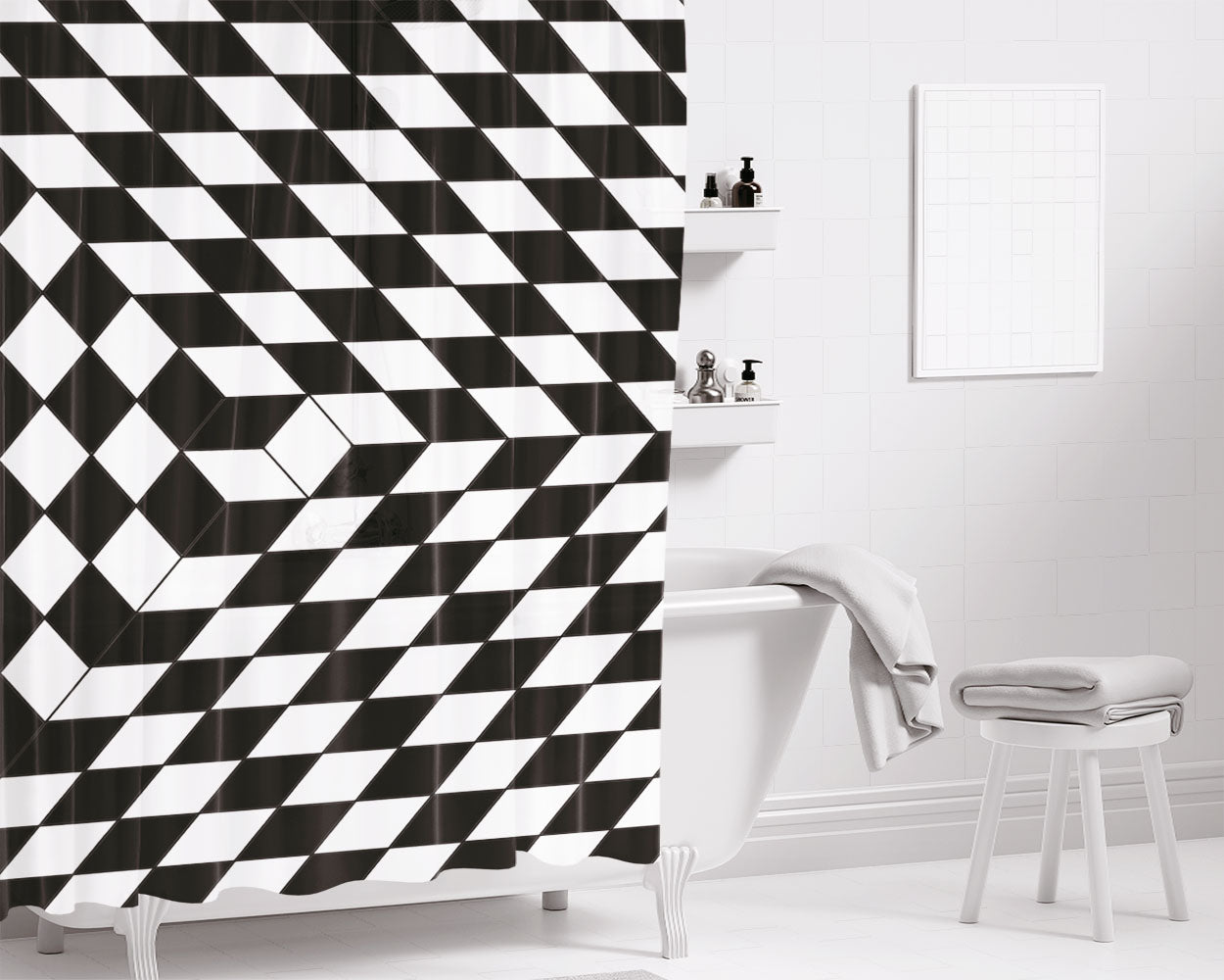 Checkerboard Optical Ilusion Bathroom Shower Curtain Fabric Waterproof | 66 X 72 Inch