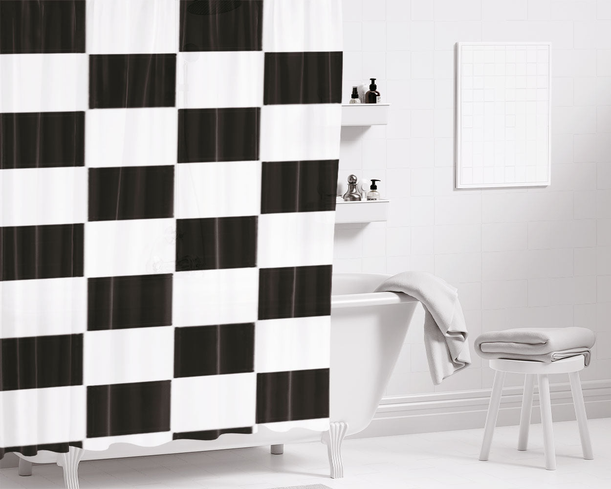 Checkered Black And White Bathroom Shower Curtain Fabric Waterproof | 66 X 72 Inch
