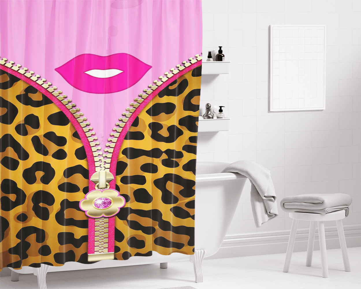 Cheetah Zipper Pattern And Lips Pink Bathroom Shower Curtain Fabric Waterproof | 66 X 72 Inch