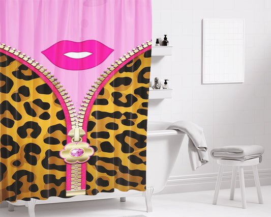 Cheetah Zipper Pattern And Lips Pink Bathroom Shower Curtain Fabric Waterproof | 66 X 72 Inch