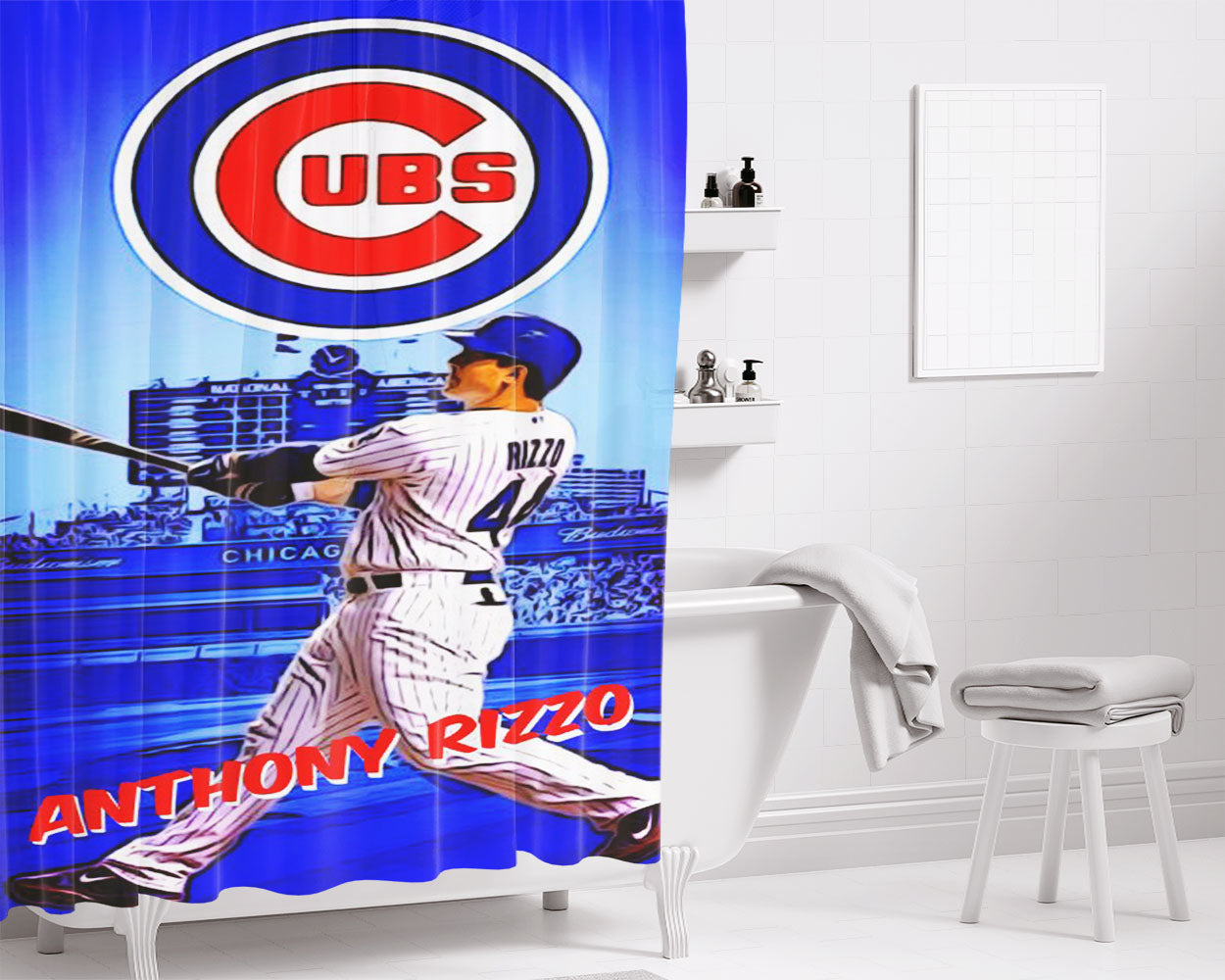 Chicago Cubs Anthony Rizzo Bathroom Shower Curtain Fabric Waterproof | 66 X 72 Inch