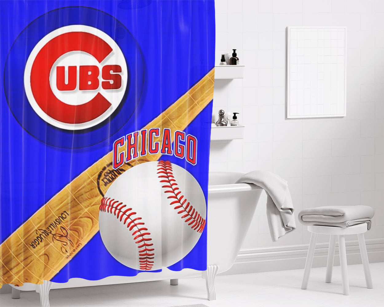 Chicago Cubs Baseball Logo Stick Bathroom Shower Curtain Fabric Waterproof | 66 X 72 Inch