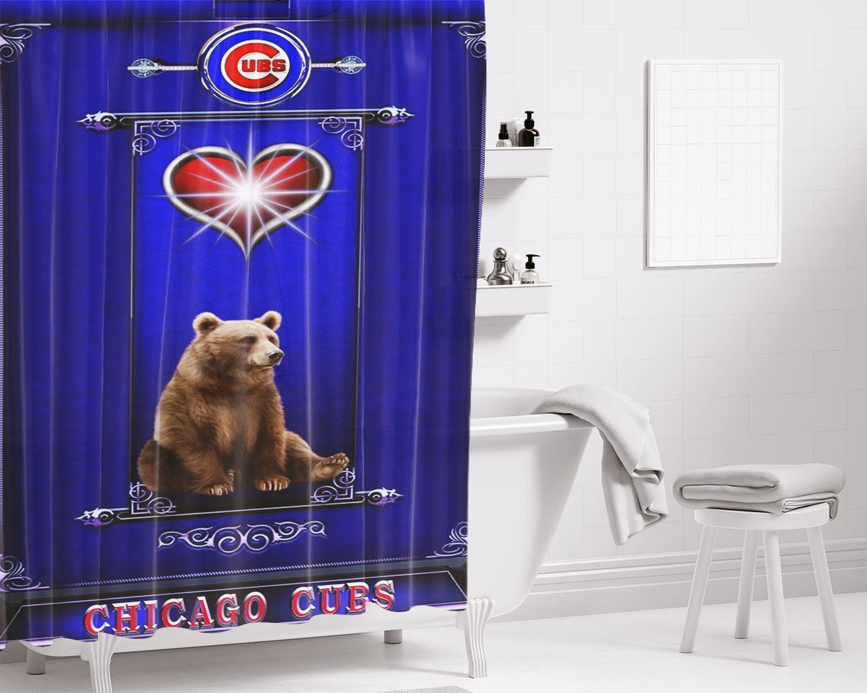 Chicago Cubs Bear Lord Bathroom Shower Curtain Fabric Waterproof | 66 X 72 Inch
