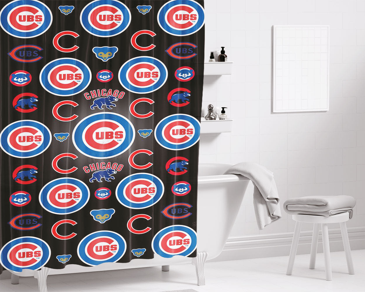 Chicago Cubs Bear Pattern Bathroom Shower Curtain Fabric Waterproof | 66 X 72 Inch